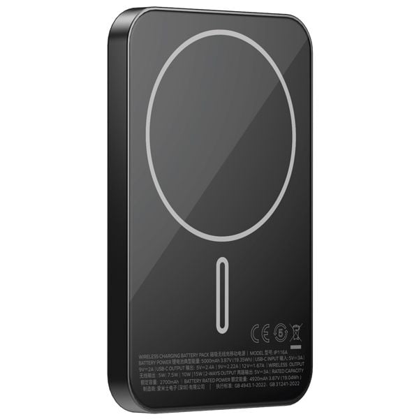 Momax Q.Mag X Gen 2 Magnetic Wireless Battery Pack – 5000mAh portable charger in black, designed for MagSafe-compatible devices with wireless and USB-C charging.