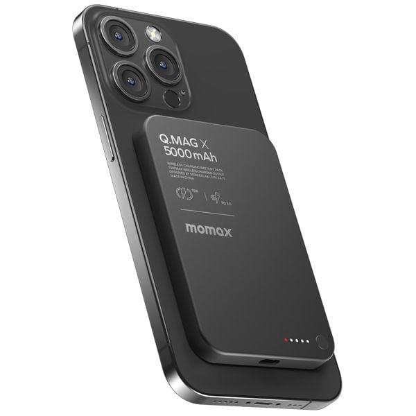 Momax Q.Mag X Gen 2 Magnetic Wireless Battery Pack – 5000mAh portable charger in black, designed for MagSafe-compatible devices with wireless and USB-C charging.