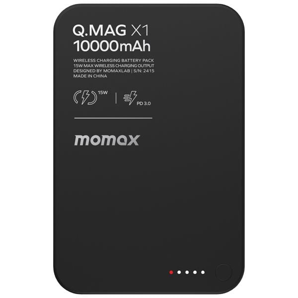 Momax Q.Mag X1 Gen 2 Magnetic Wireless Battery Pack – 10000mAh high-capacity power bank in black, supports MagSafe and USB-C fast charging for mobile devices.