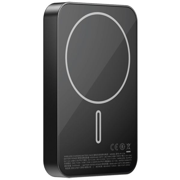 Momax Q.Mag X1 Gen 2 Magnetic Wireless Battery Pack – 10000mAh high-capacity power bank in black, supports MagSafe and USB-C fast charging for mobile devices.