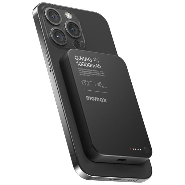 Momax Q.Mag X1 Gen 2 Magnetic Wireless Battery Pack – 10000mAh high-capacity power bank in black, supports MagSafe and USB-C fast charging for mobile devices.