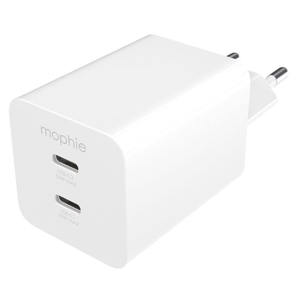 Mophie Essentials 50W dual USB-C fast charger with Power Delivery, compact design and eco-friendly materials.