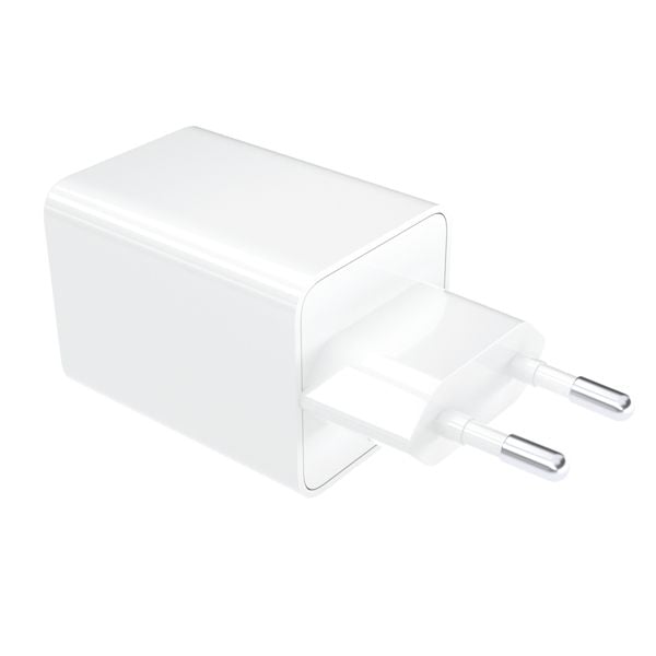 Mophie Essentials 50W dual USB-C fast charger with Power Delivery, compact design and eco-friendly materials.
