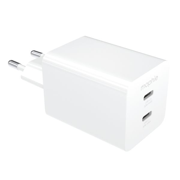 Mophie Essentials 50W dual USB-C fast charger with Power Delivery, compact design and eco-friendly materials.