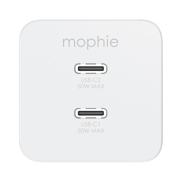 Mophie Essentials 50W dual USB-C fast charger with Power Delivery, compact design and eco-friendly materials.
