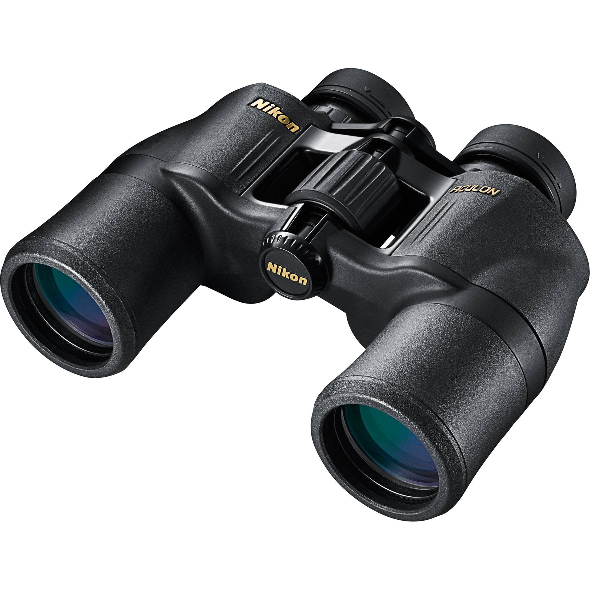 Nikon 10x42 Aculon A211 binoculars with aspheric lenses, eco-glass, BAK4 Porro prisms, multi-coated optics, and wide 60° field of view.
