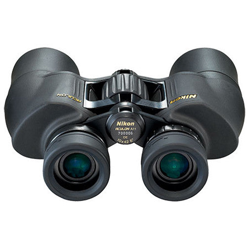 Nikon 10x42 Aculon A211 binoculars with aspheric lenses, eco-glass, BAK4 Porro prisms, multi-coated optics, and wide 60° field of view.