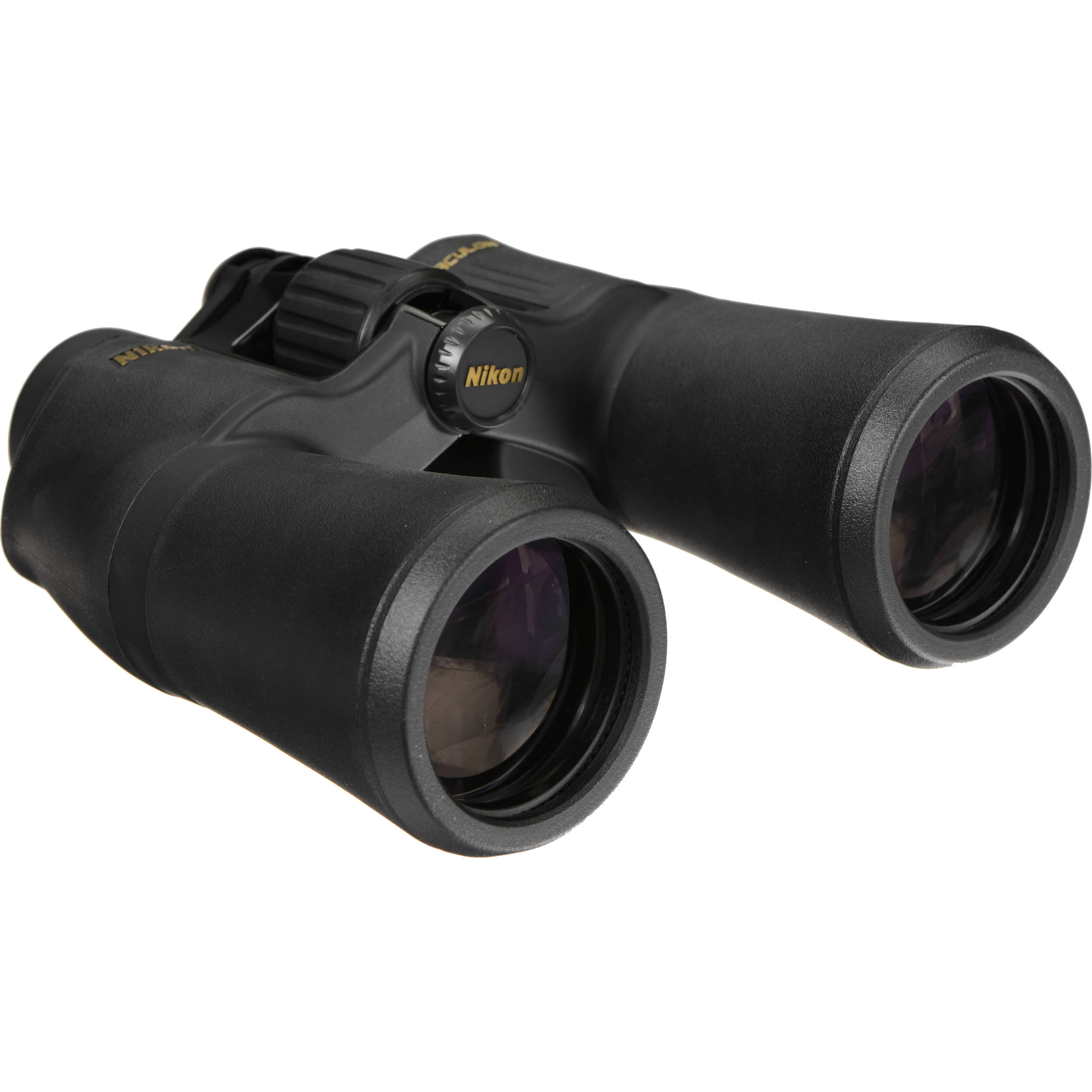 Nikon 10x50 Aculon A211 binoculars with 50mm lenses, anti-reflective coatings, rubber grip, and tripod adaptor for clear, bright outdoor viewing.