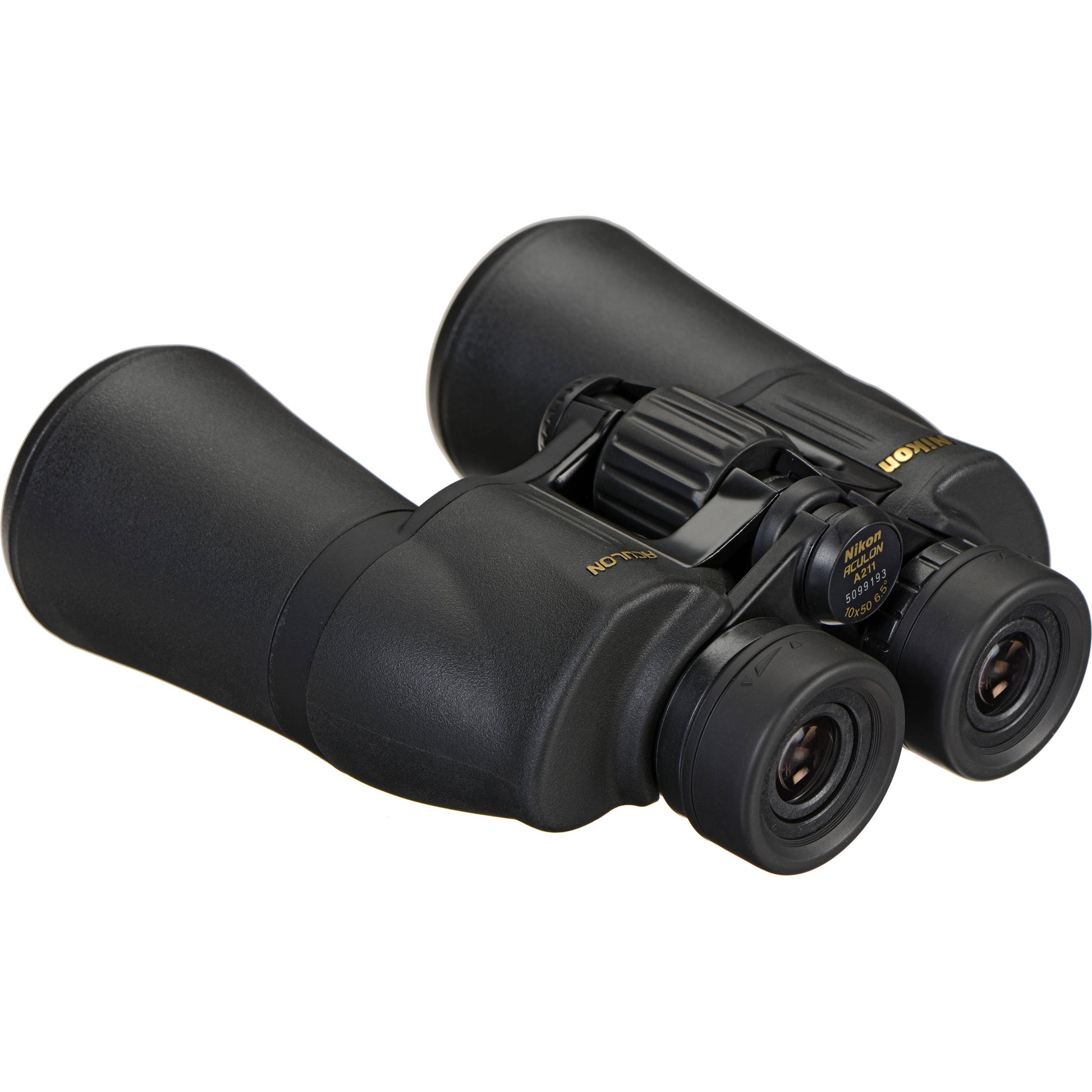 Nikon 10x50 Aculon A211 binoculars with 50mm lenses, anti-reflective coatings, rubber grip, and tripod adaptor for clear, bright outdoor viewing.