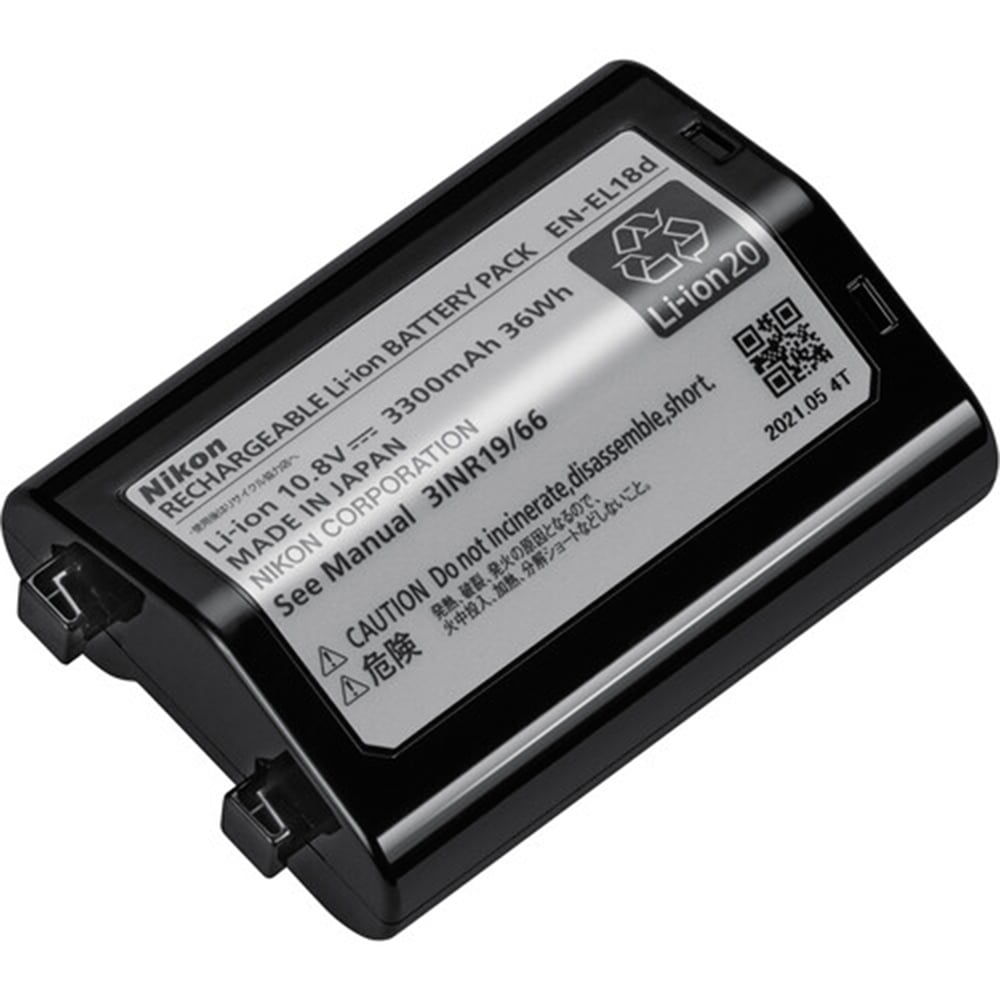 Nikon EN‑EL18d rechargeable lithium-ion camera battery in black with Nikon logo, compact rectangular form factor and electrical contacts on one end.