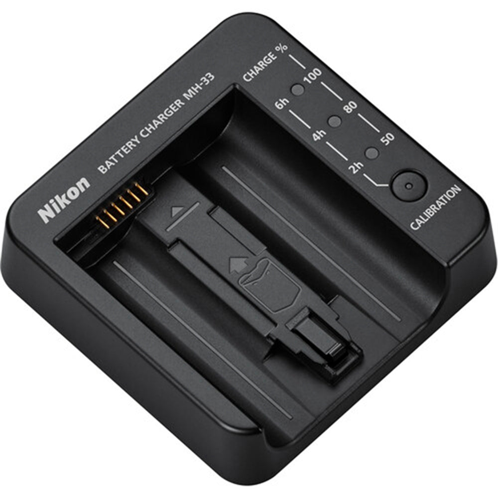 Nikon MH-33 single-bay battery charger for EN-EL18d rechargeable Li-ion batteries with charge status indicator lights.