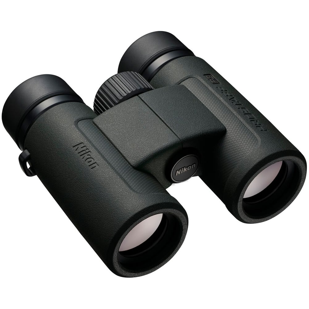 Compact Nikon 10x30 binoculars featuring eco-glass lenses, silver-coated prisms, and 105m field of view