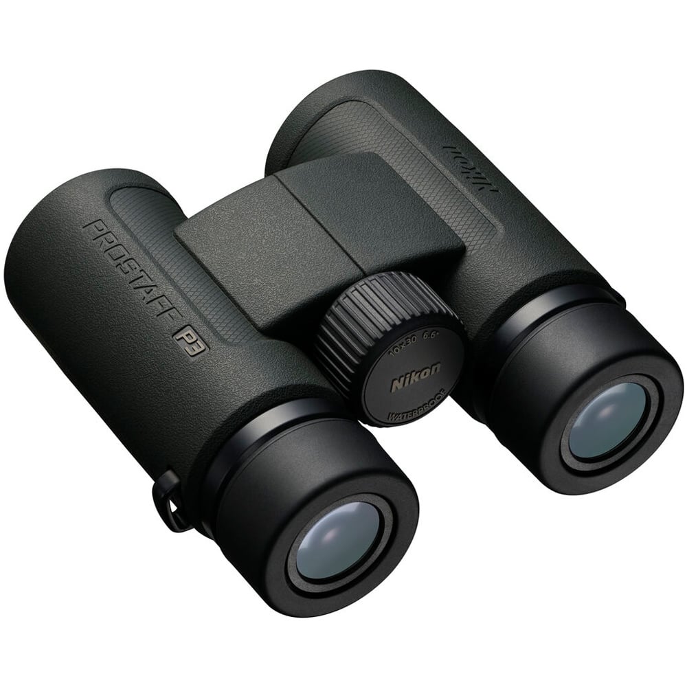 Compact Nikon 10x30 binoculars featuring eco-glass lenses, silver-coated prisms, and 105m field of view