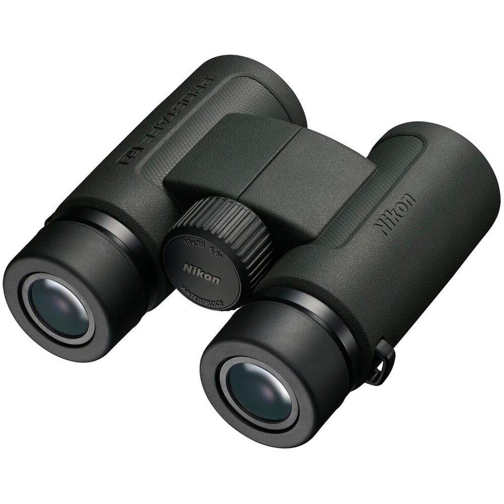 Compact Nikon 10x30 binoculars featuring eco-glass lenses, silver-coated prisms, and 105m field of view