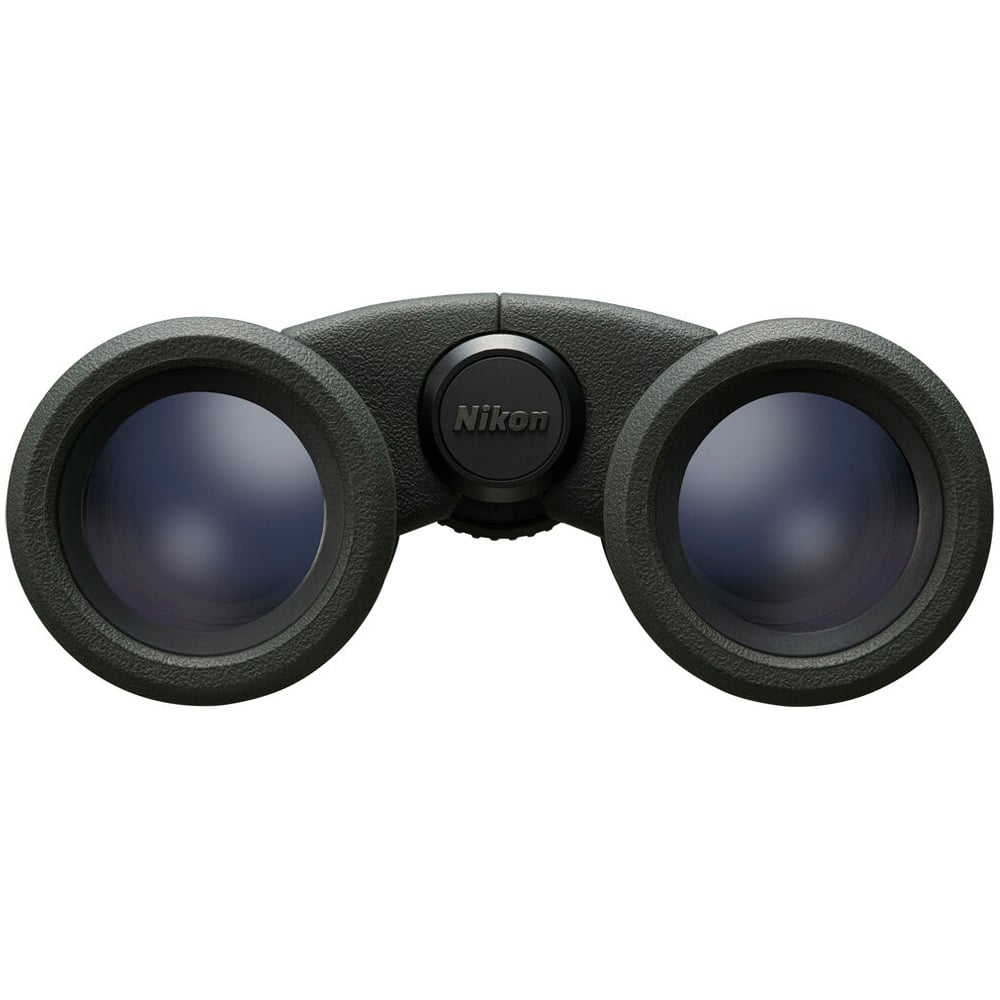 Compact Nikon 10x30 binoculars featuring eco-glass lenses, silver-coated prisms, and 105m field of view