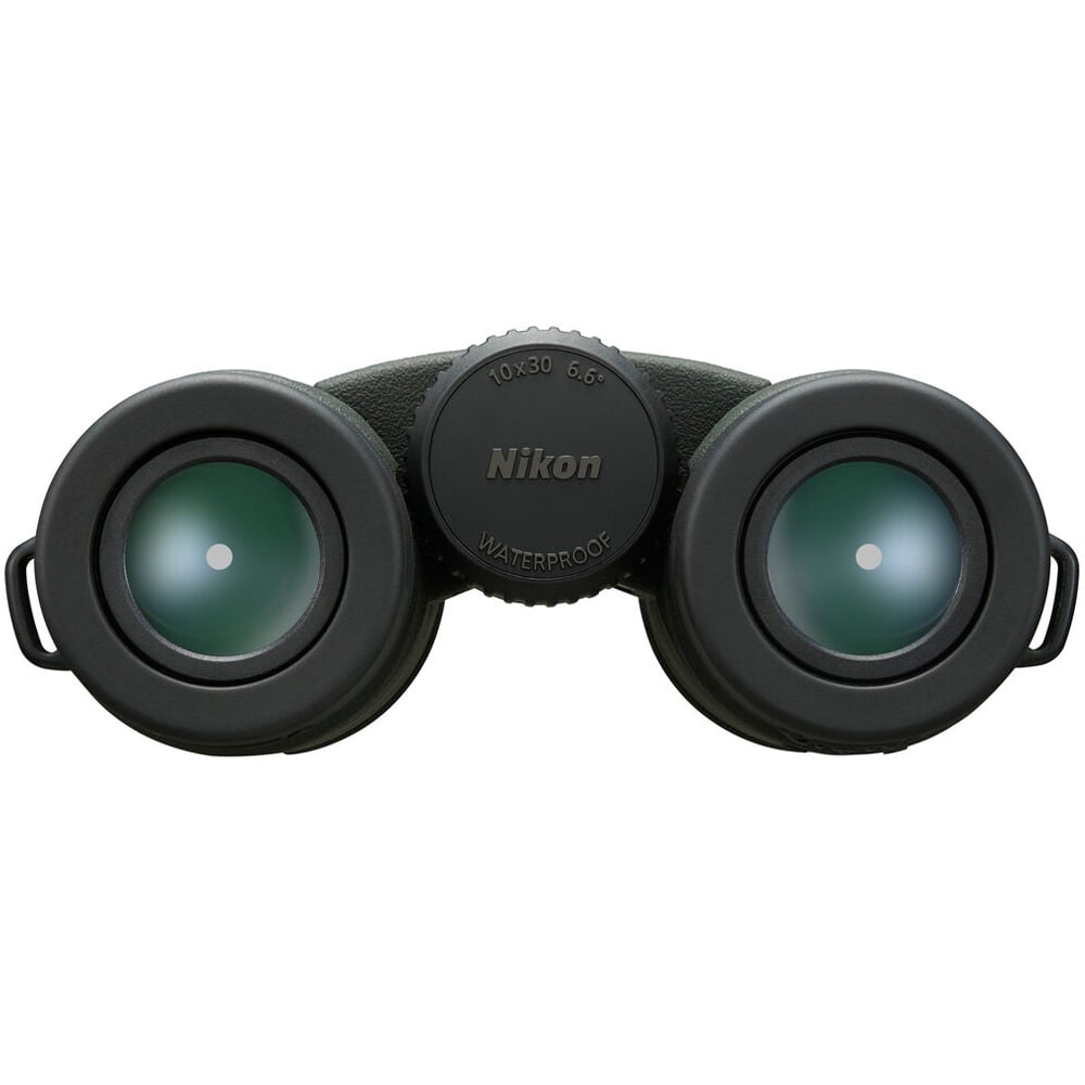 Compact Nikon 10x30 binoculars featuring eco-glass lenses, silver-coated prisms, and 105m field of view