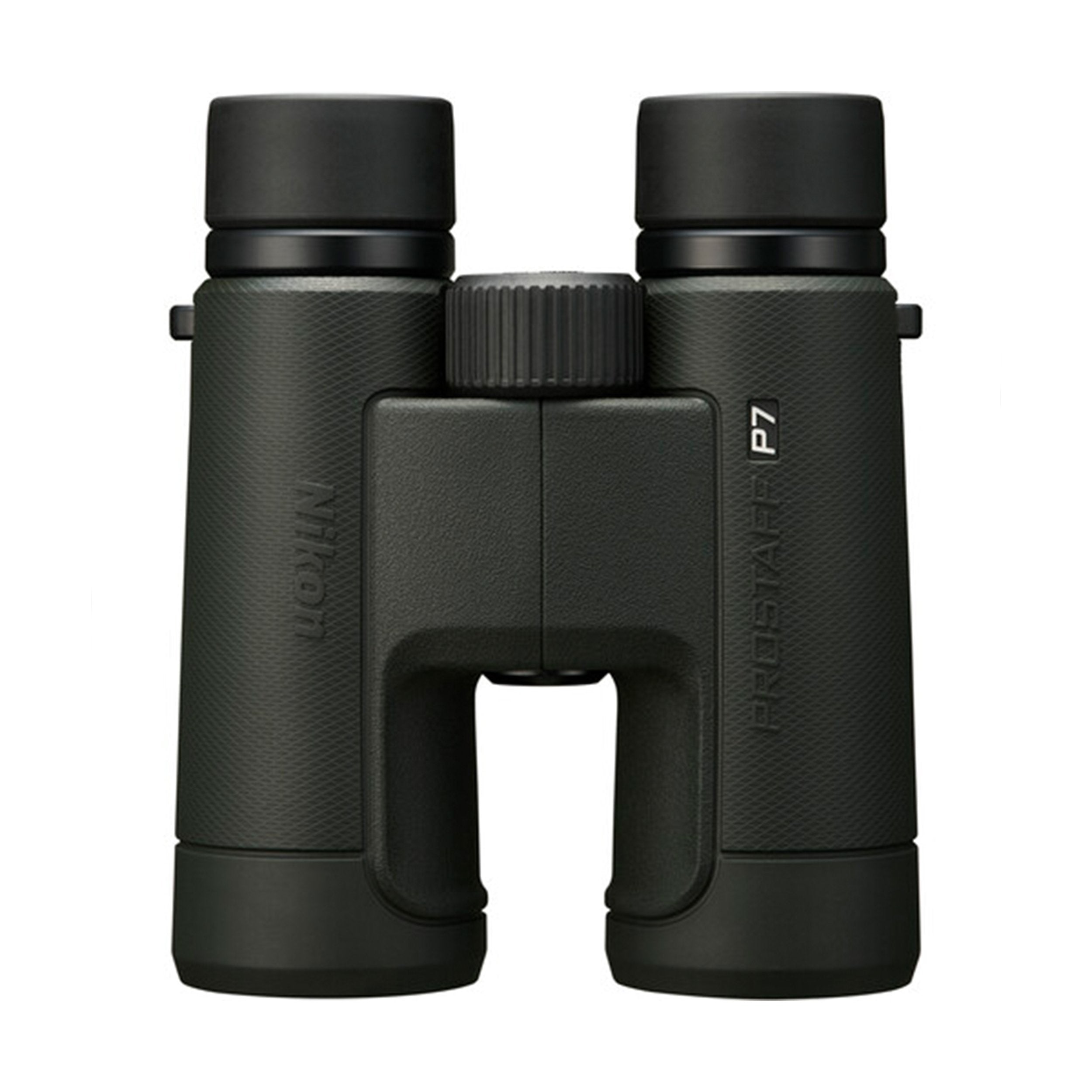 Nikon Prostaff P7 10x binoculars with bright optics, waterproof body, and non-slip grip.