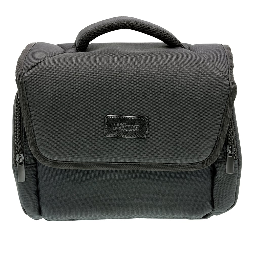 Black Nikon shoulder bag for camera, lenses, and accessories with padded interior.
