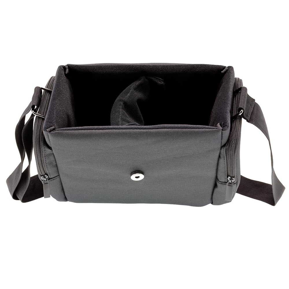 Black Nikon shoulder bag for camera, lenses, and accessories with padded interior.