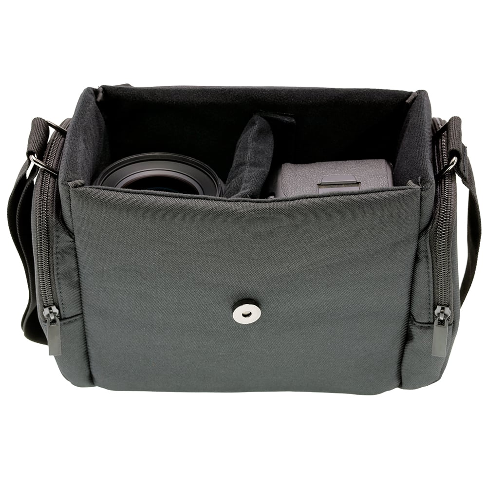 Black Nikon shoulder bag for camera, lenses, and accessories with padded interior.