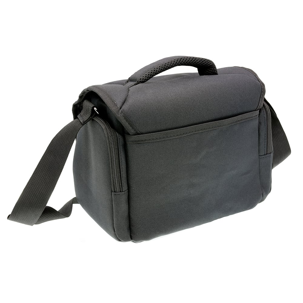 Black Nikon shoulder bag for camera, lenses, and accessories with padded interior.