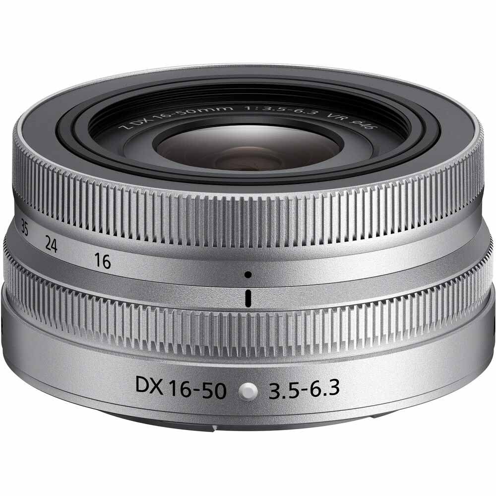 Nikon Z DX 16-50mm f/3.5-6.3 VR Lens in silver – compact, versatile zoom lens with Vibration Reduction, ideal for everyday photography.