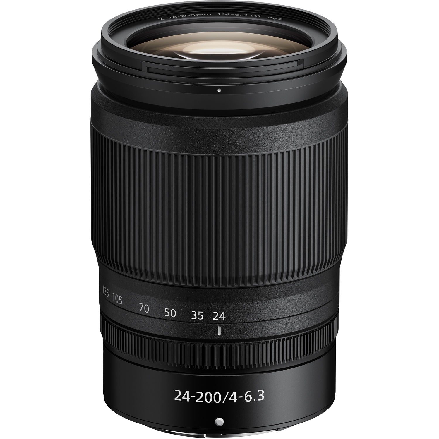 Front view of Nikon 24-200mm zoom lens.