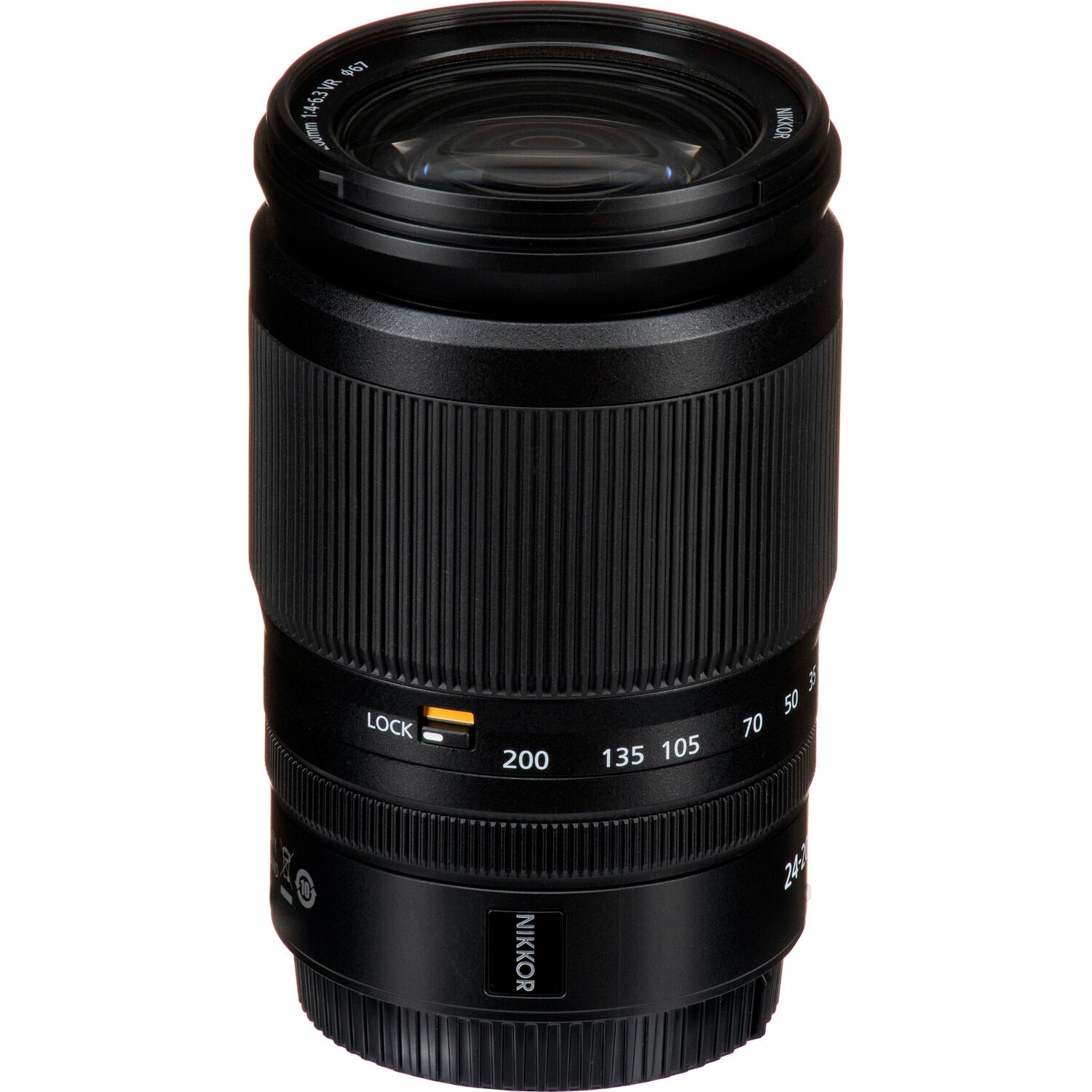 Camera lens with focus scale and brand name on a white background