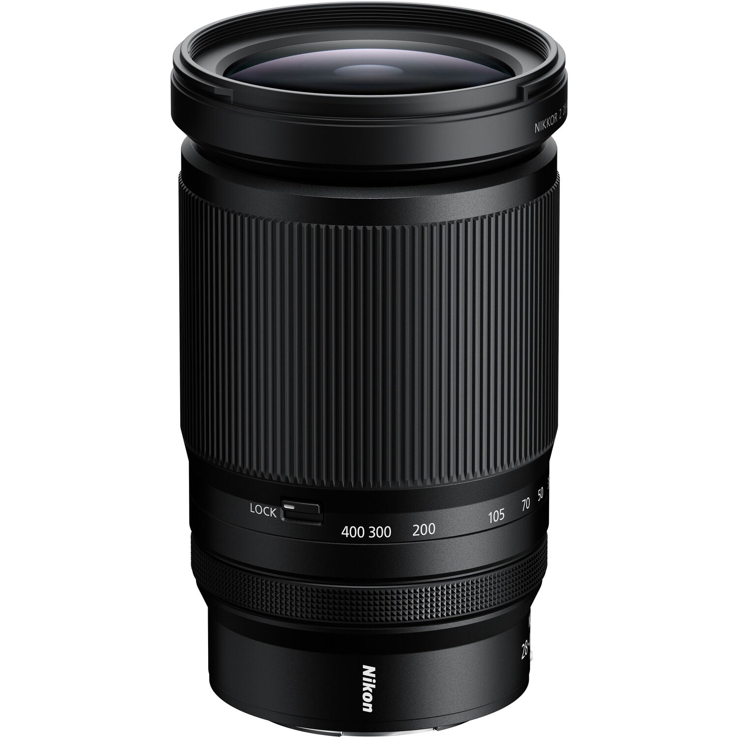 Black Nikon camera lens on a white background