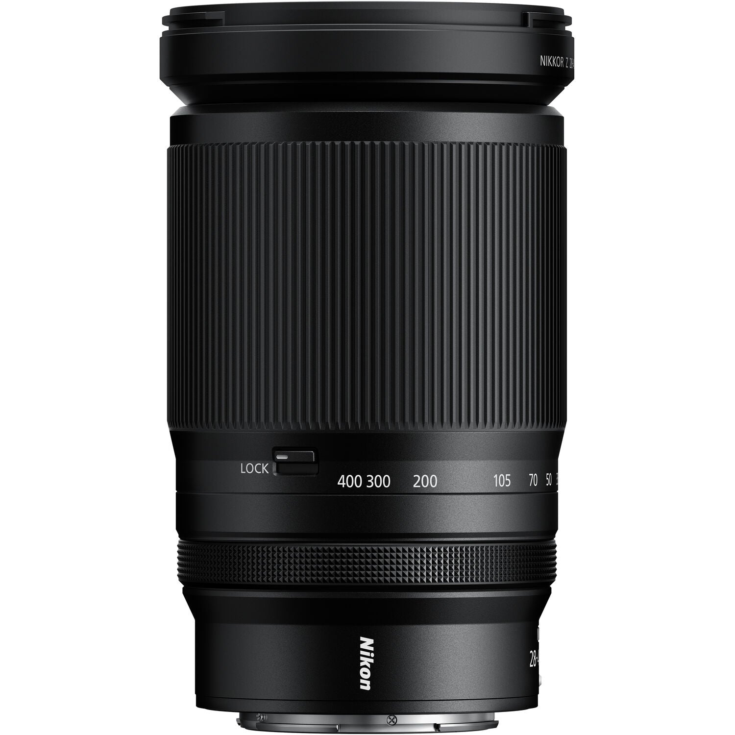 Black Nikon camera lens on a white background