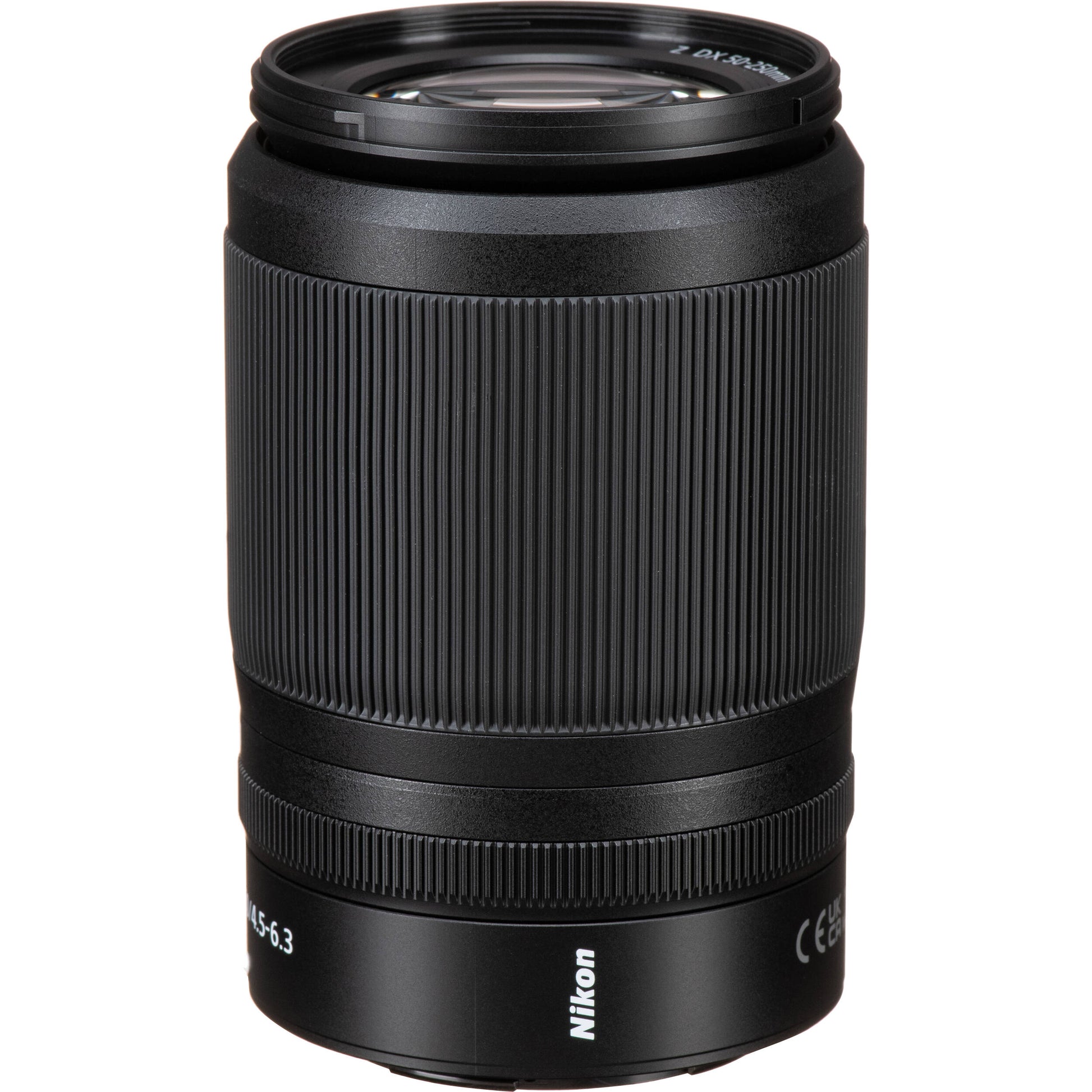 Black Nikon camera lens on a white background