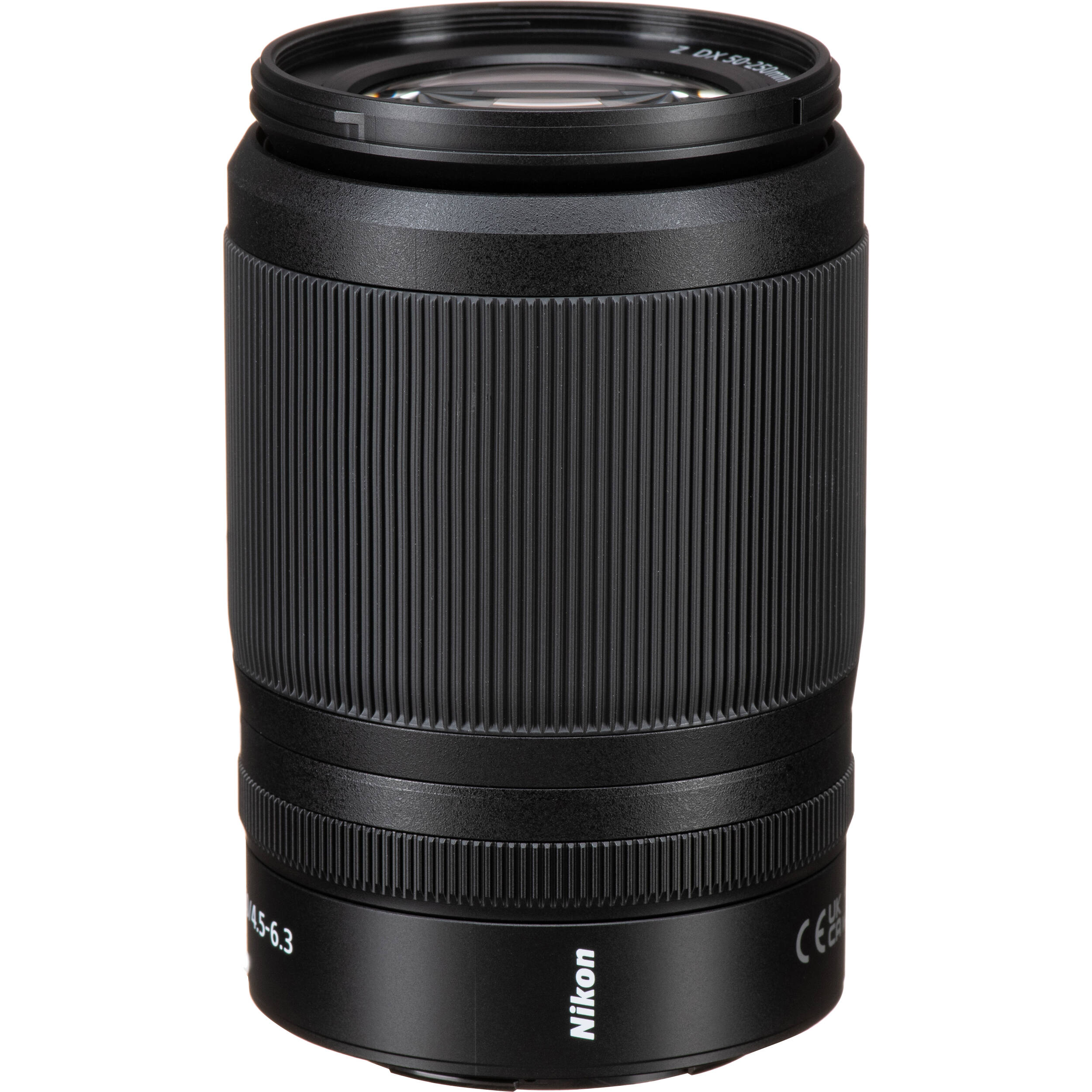 Black Nikon camera lens on a white background