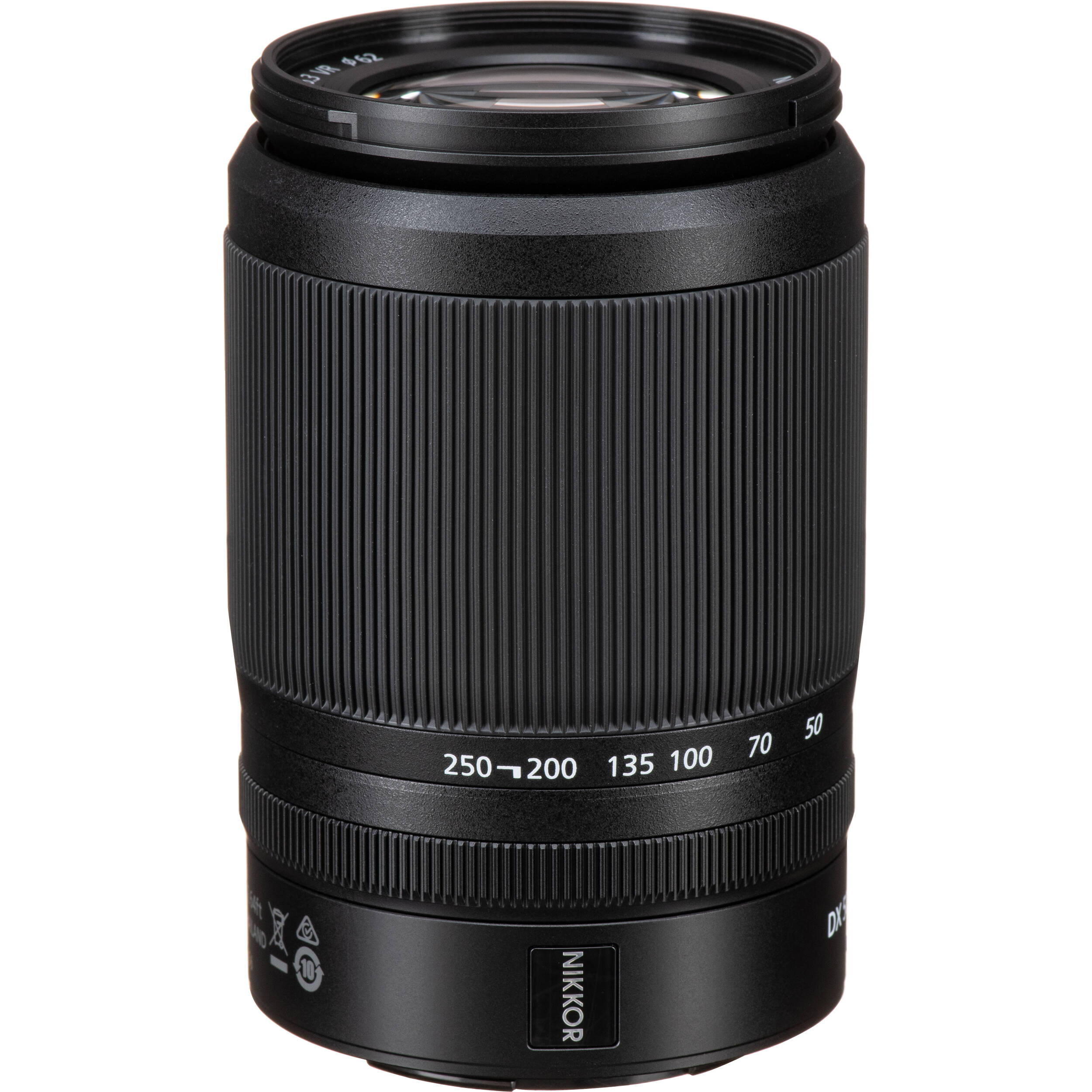 Black camera lens with Nikkor branding on a white background
