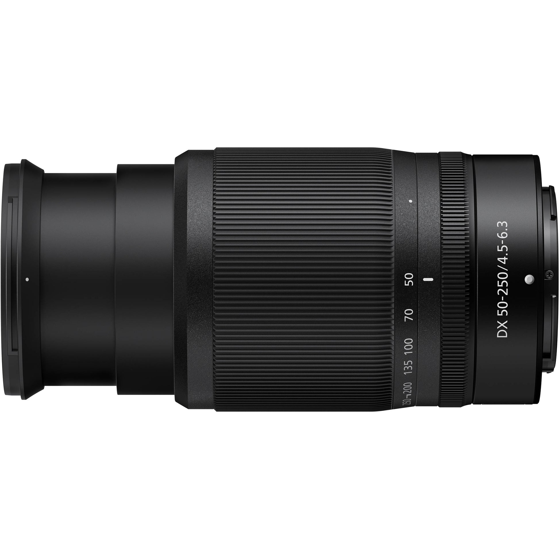 Camera lens with focus scale on a white background