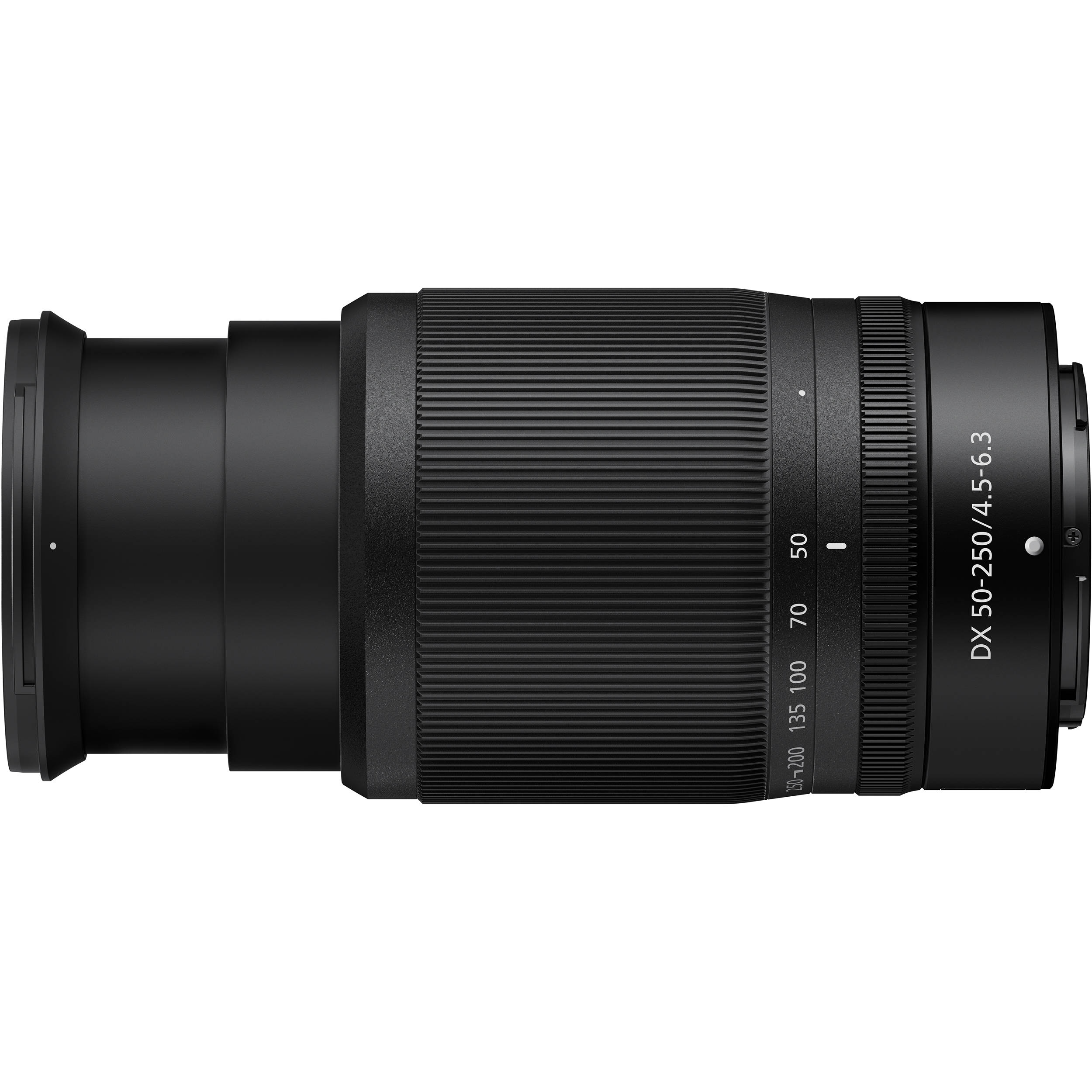 Camera lens with focus scale on a white background