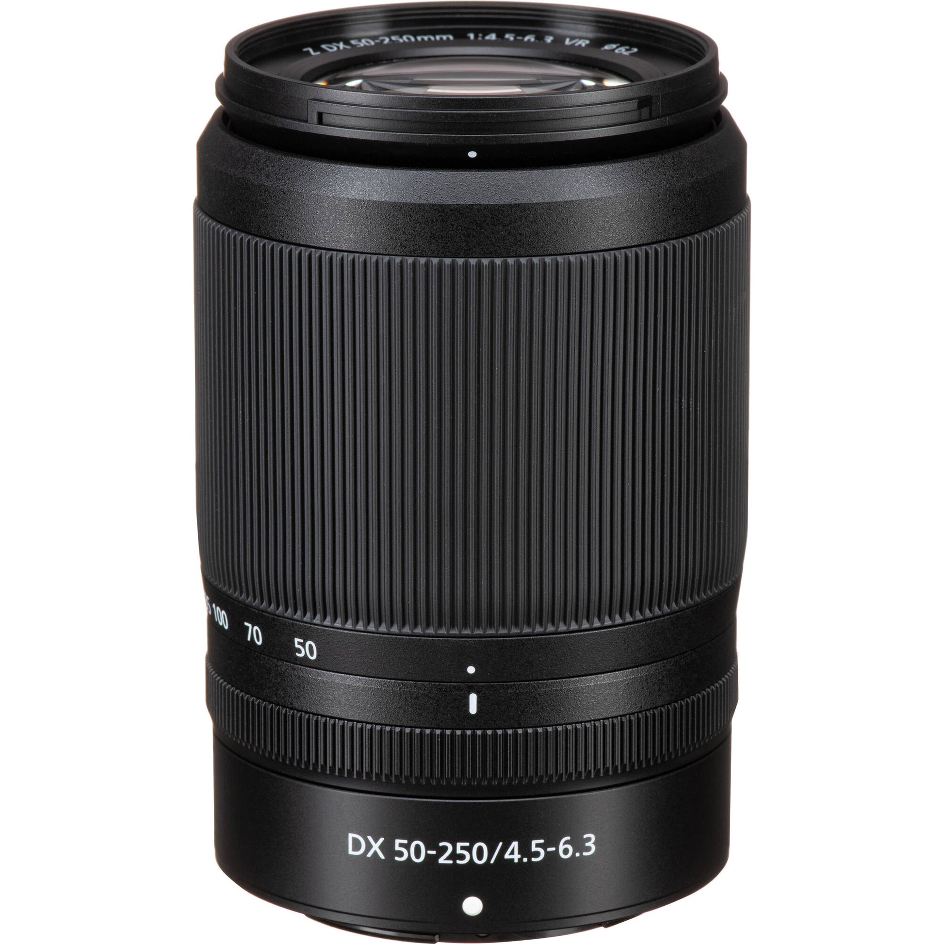 Camera lens with Nikon DX 50-250mm on a white background