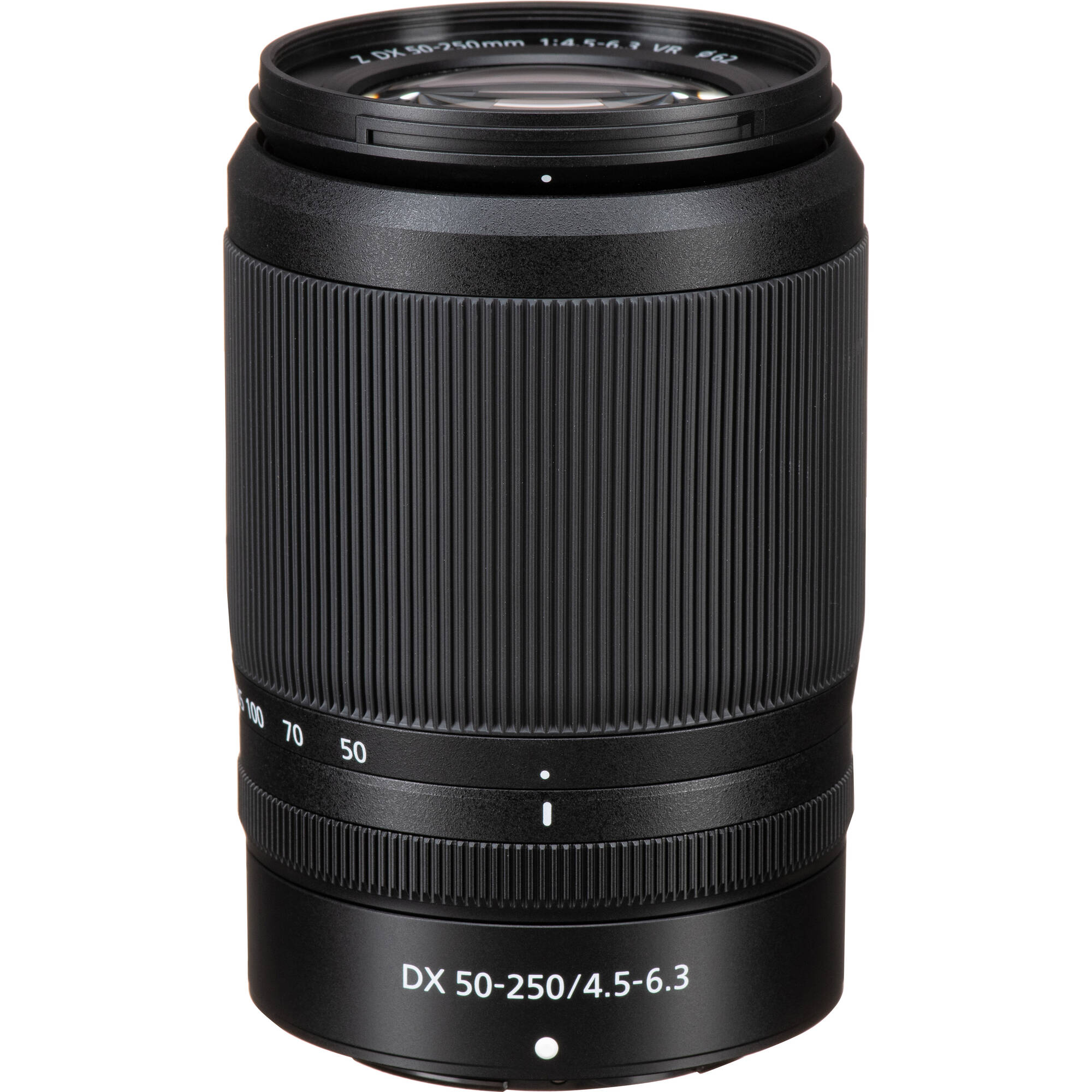 Camera lens with Nikon DX 50-250mm on a white background