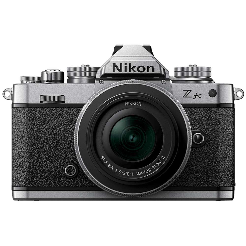 Nikon Z FC mirrorless camera with 20.9MP DX sensor and compact 16-50mm f/3.5-6.3 VR lens, 4K video, and hybrid autofocus.