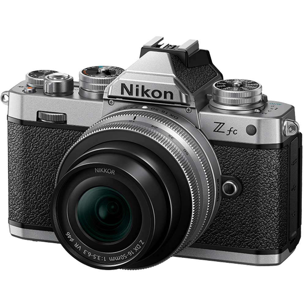Nikon Z FC mirrorless camera with 20.9MP DX sensor and compact 16-50mm f/3.5-6.3 VR lens, 4K video, and hybrid autofocus.