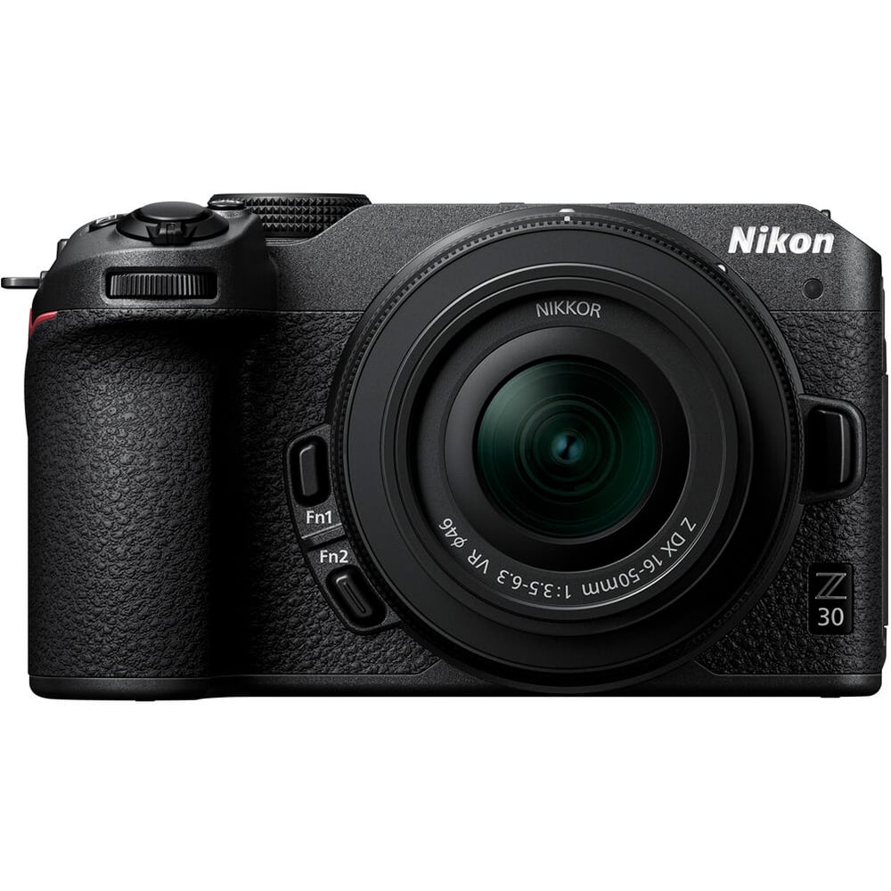 Nikon Z30 mirrorless camera with 20.8MP DX sensor and 16-50mm f/3.5-6.3 VR zoom lens, features 4K video and live streaming capabilities.