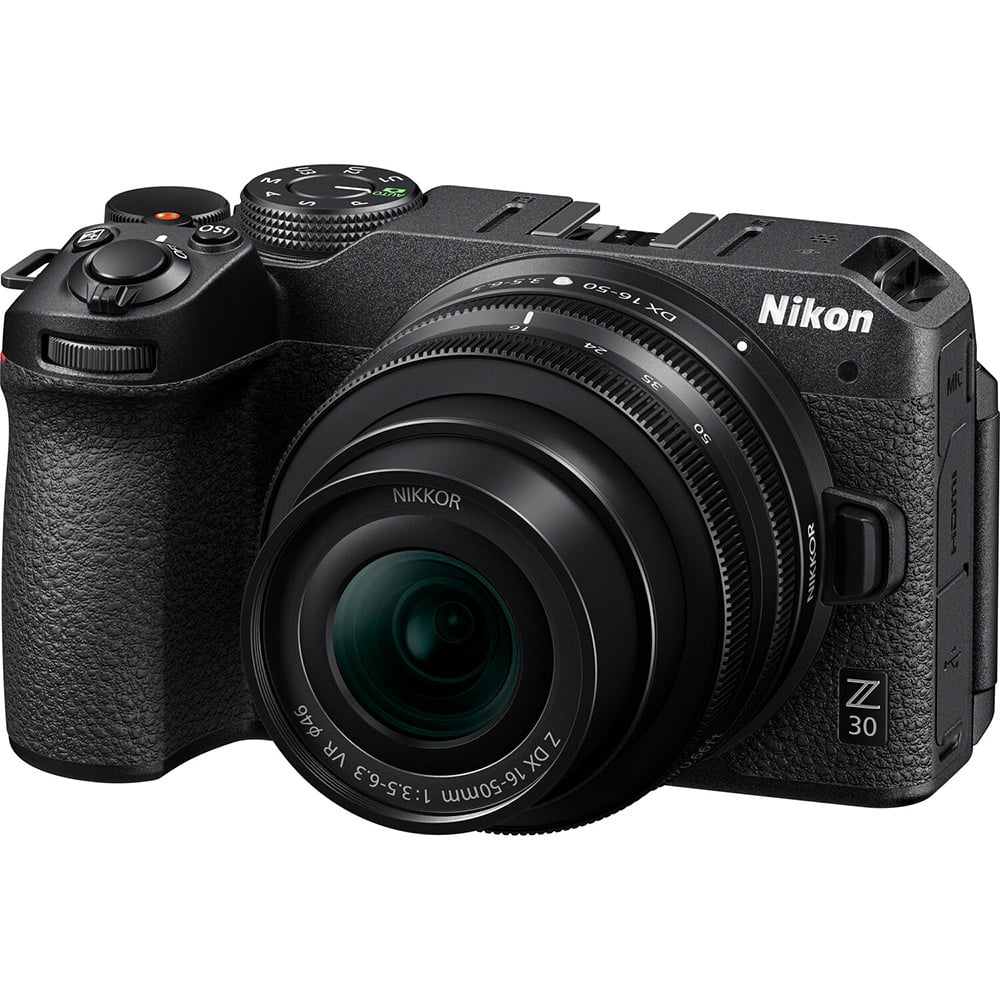 Nikon Z30 mirrorless camera with 20.8MP DX sensor and 16-50mm f/3.5-6.3 VR zoom lens, features 4K video and live streaming capabilities.