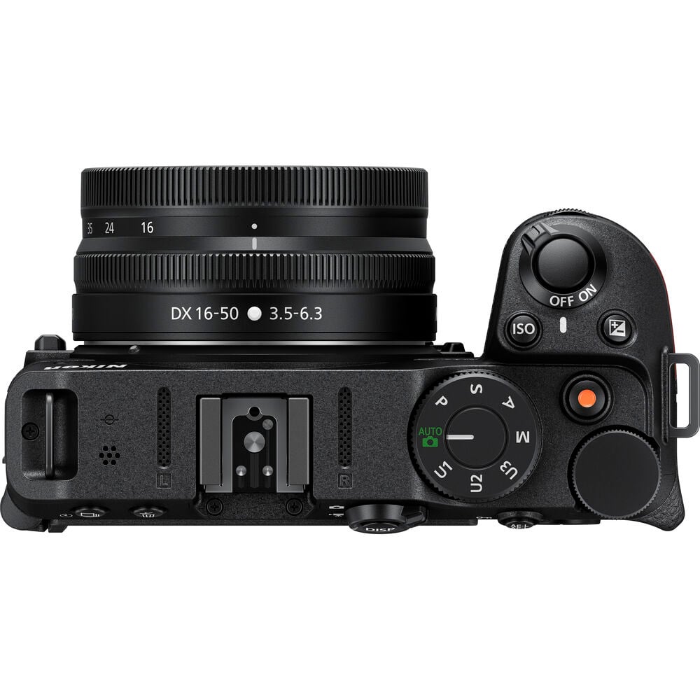 Nikon Z30 mirrorless camera with 20.8MP DX sensor and 16-50mm f/3.5-6.3 VR zoom lens, features 4K video and live streaming capabilities.