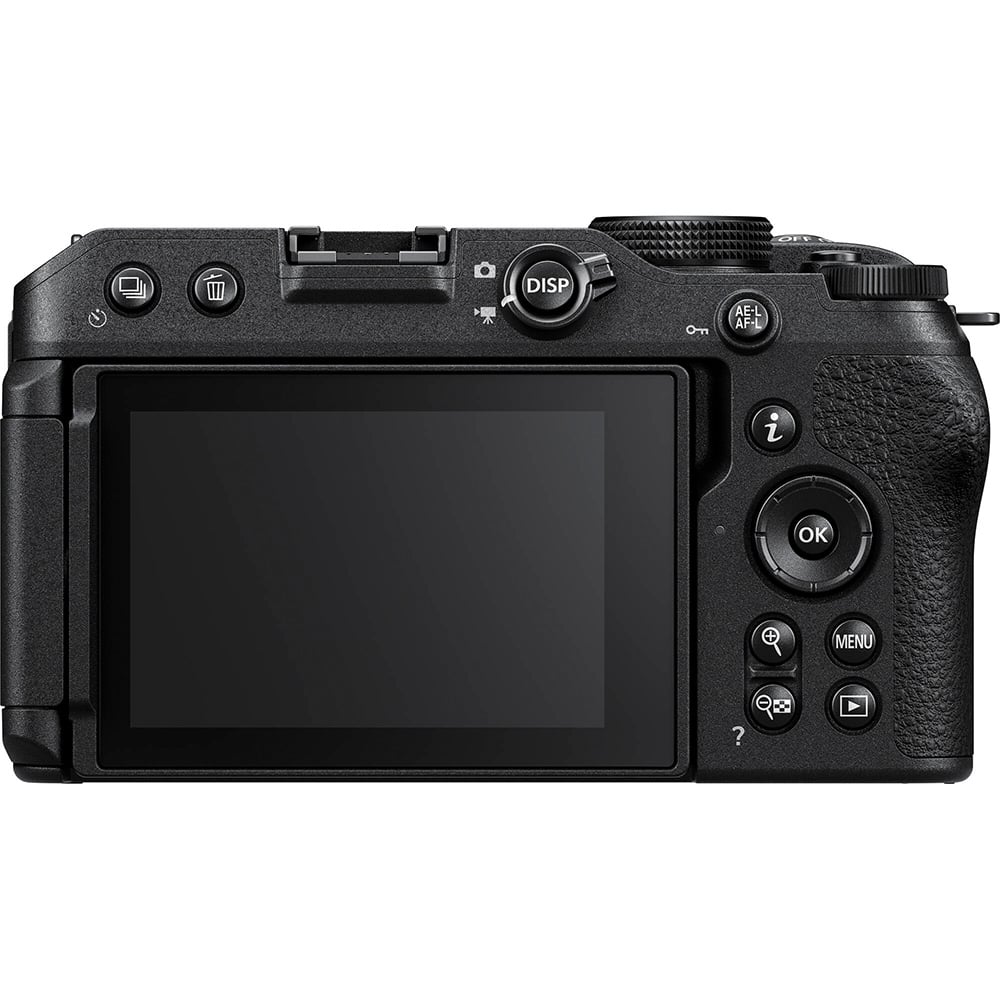 Nikon Z30 mirrorless camera with 20.8MP DX sensor and 16-50mm f/3.5-6.3 VR zoom lens, features 4K video and live streaming capabilities.