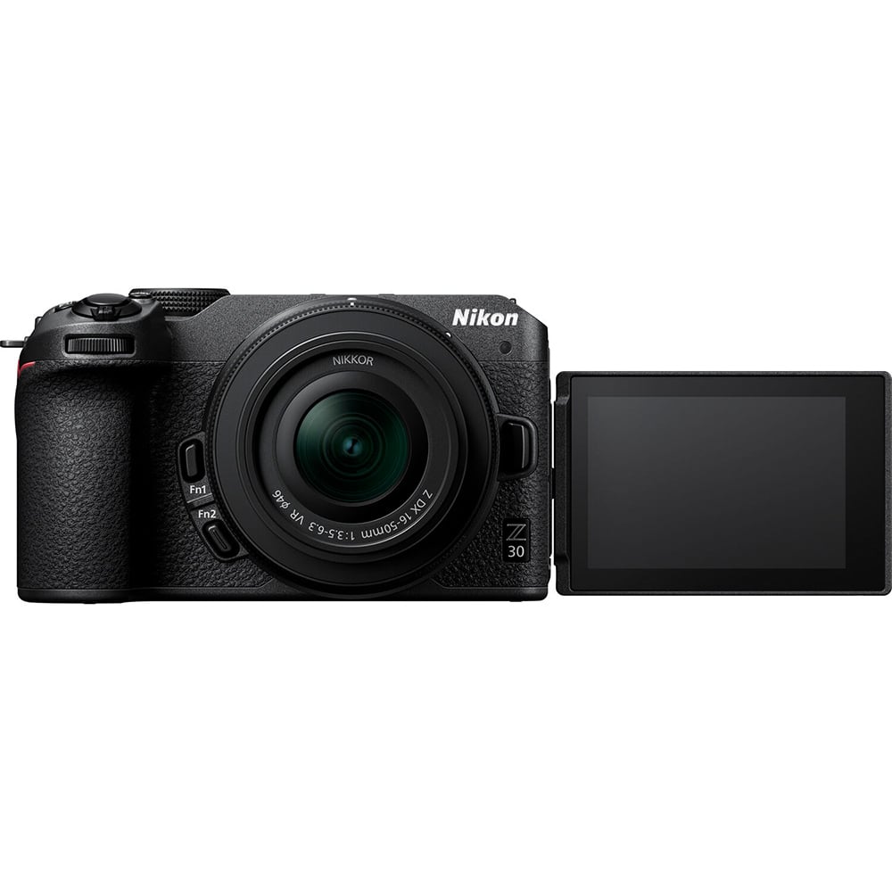Nikon Z30 mirrorless camera with 20.8MP DX sensor and 16-50mm f/3.5-6.3 VR zoom lens, features 4K video and live streaming capabilities.