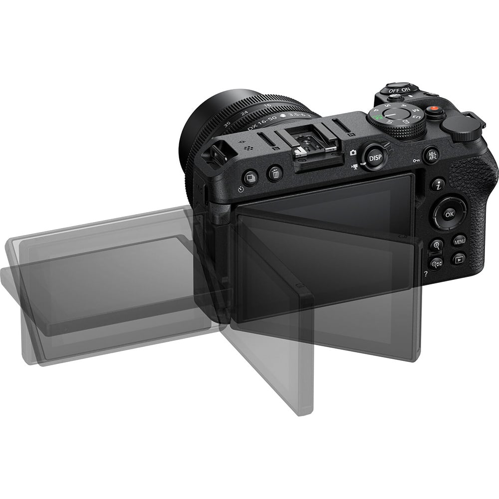 Nikon Z30 mirrorless camera with 20.8MP DX sensor and 16-50mm f/3.5-6.3 VR zoom lens, features 4K video and live streaming capabilities.