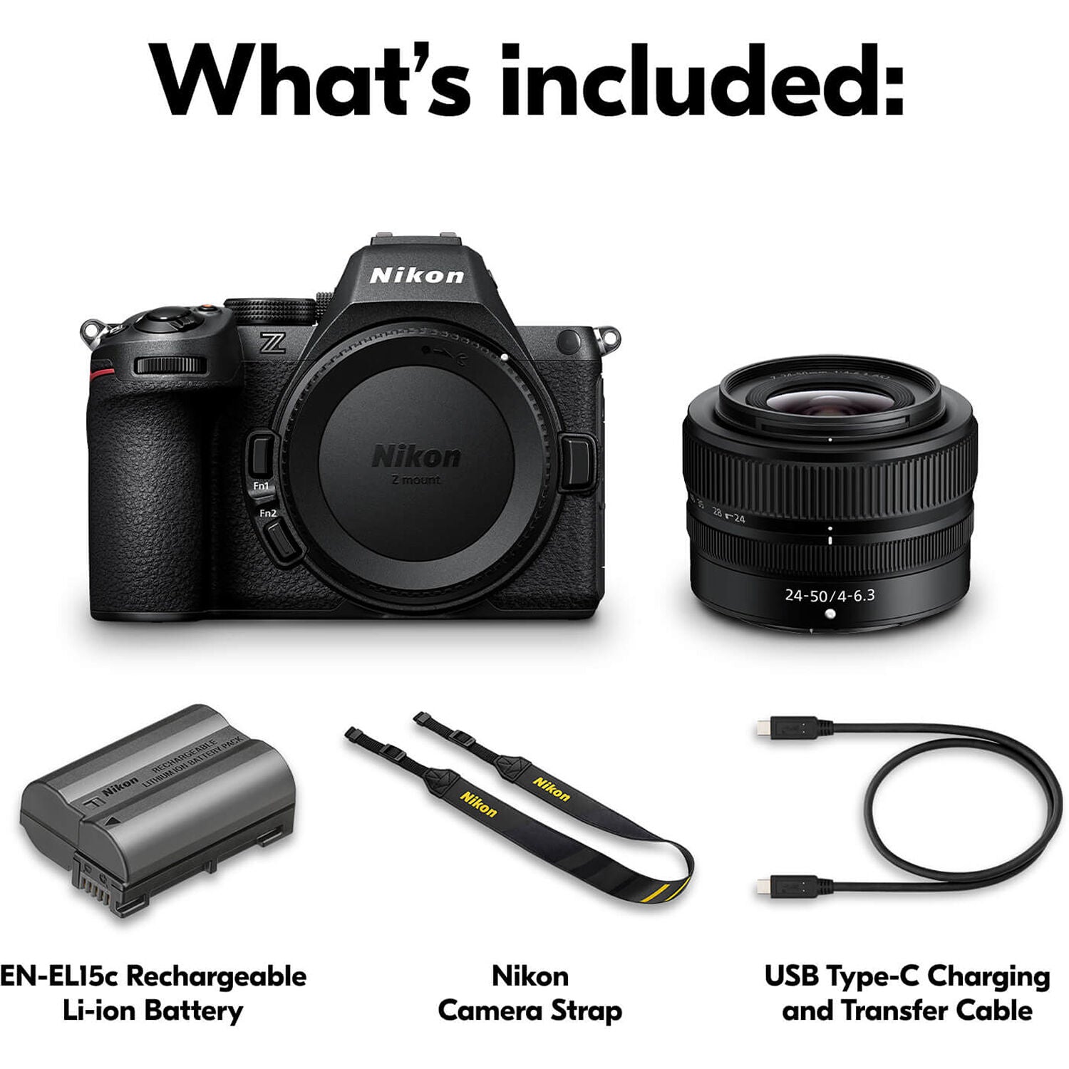 Nikon Z5 II full-frame mirrorless camera with compact retractable 24-50mm f/4-6.3 lens, 24.5MP sensor, EXPEED 7 processor, and 4K video.