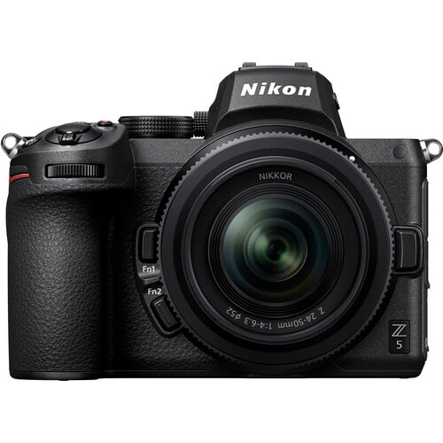Nikon Z5 full-frame mirrorless camera with 24.3MP CMOS sensor, EXPEED 6 processor, paired with compact 24-50mm f/4-6.3 Z lens, featuring 4K UHD video.