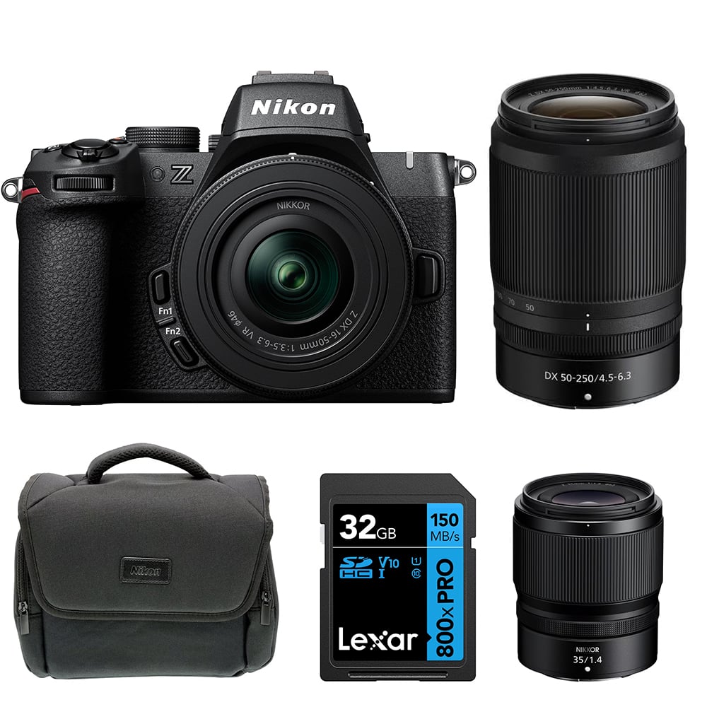 Nikon Z50 II mirrorless camera kit in black with three attached NIKKOR Z lenses (16–50 mm, 50–250 mm, and 35 mm prime), featuring a 3.2‑inch tilting touchscreen, built-in electronic viewfinder, and ergonomic textured grip.