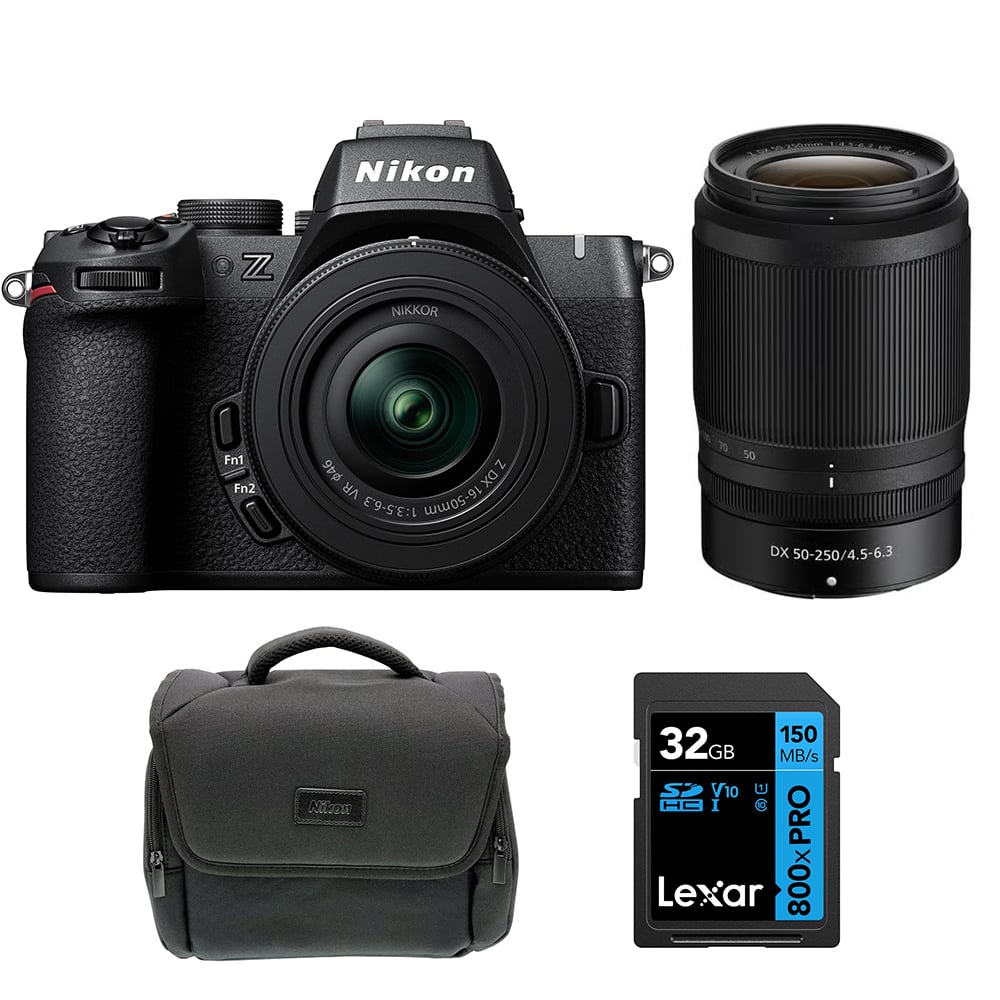 Nikon Z50 II mirrorless camera kit in black featuring two NIKKOR Z lenses (16–50 mm and 50–250 mm), with 3.2″ tilting touchscreen, built-in electronic viewfinder, and ergonomic textured grip.