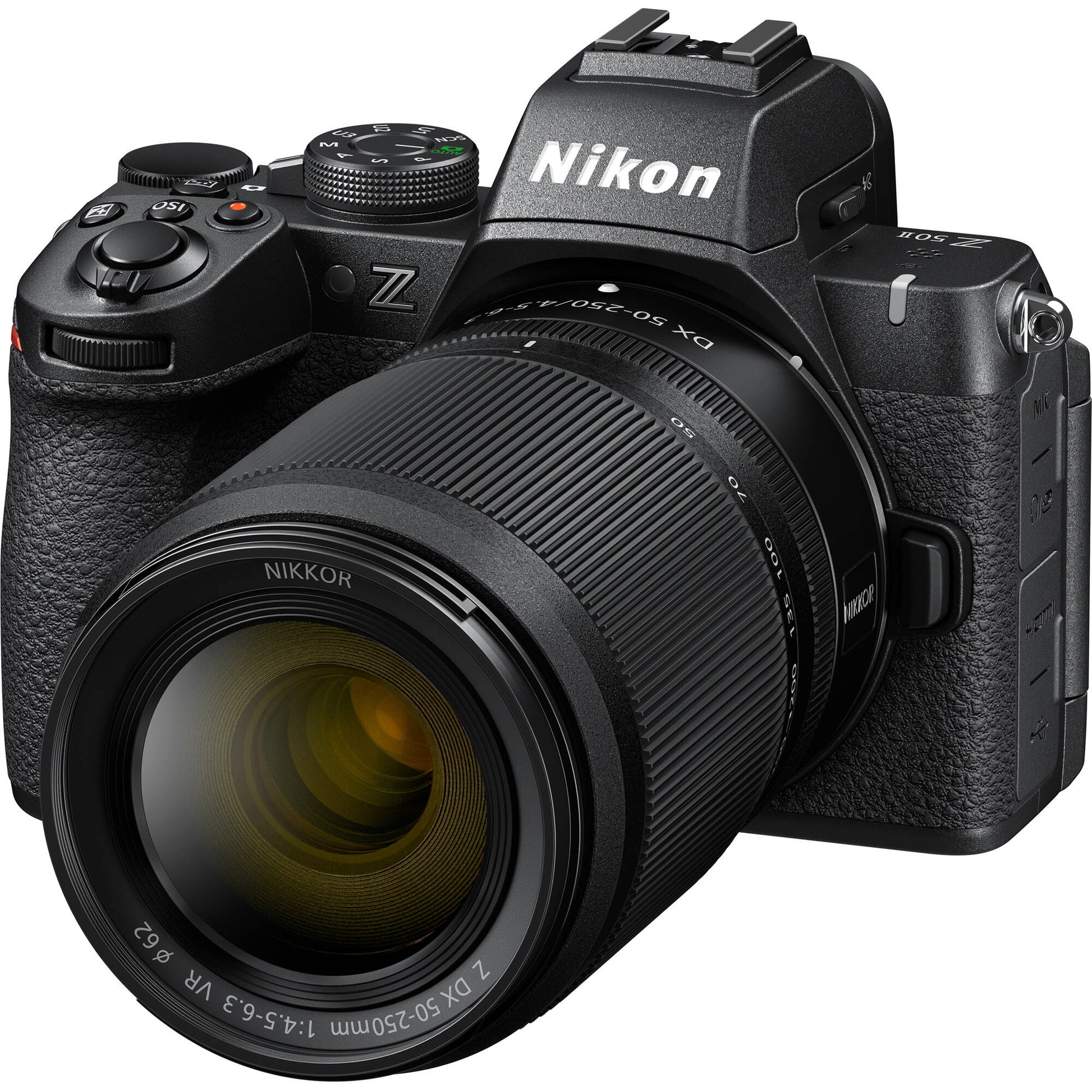Nikon Z50 II mirrorless camera kit in black featuring two NIKKOR Z lenses (16–50 mm and 50–250 mm), with 3.2″ tilting touchscreen, built-in electronic viewfinder, and ergonomic textured grip.